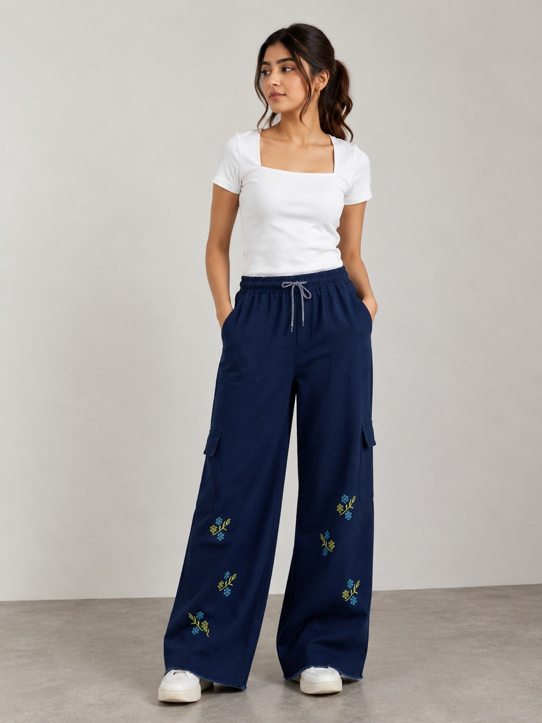 Floral Embroidered Wide Denim Pants
