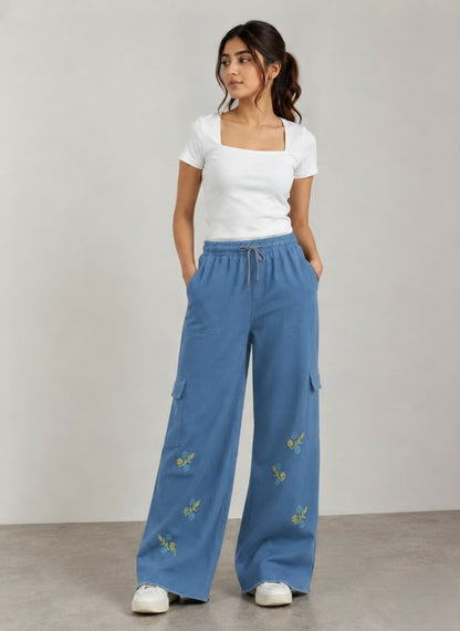 Floral Embroidered Wide Denim Pants