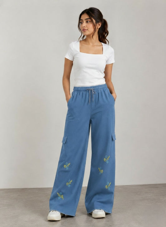 Floral Embroidered Wide Denim Pants
