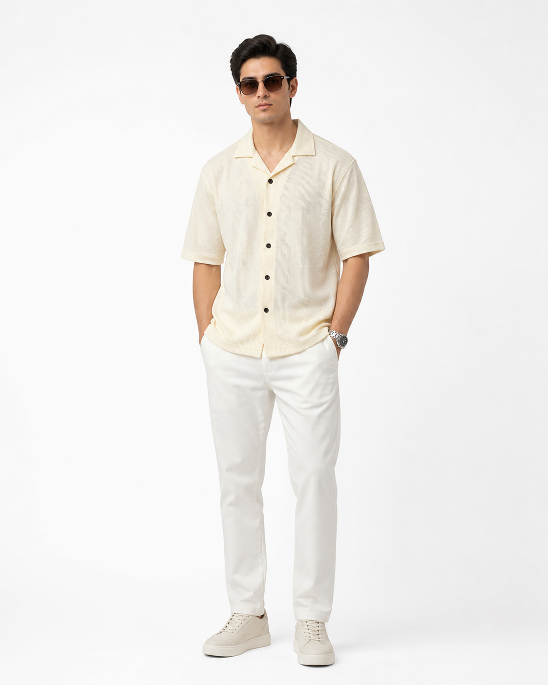 Waffle Knitted Button Down Shirt Drop Shoulder