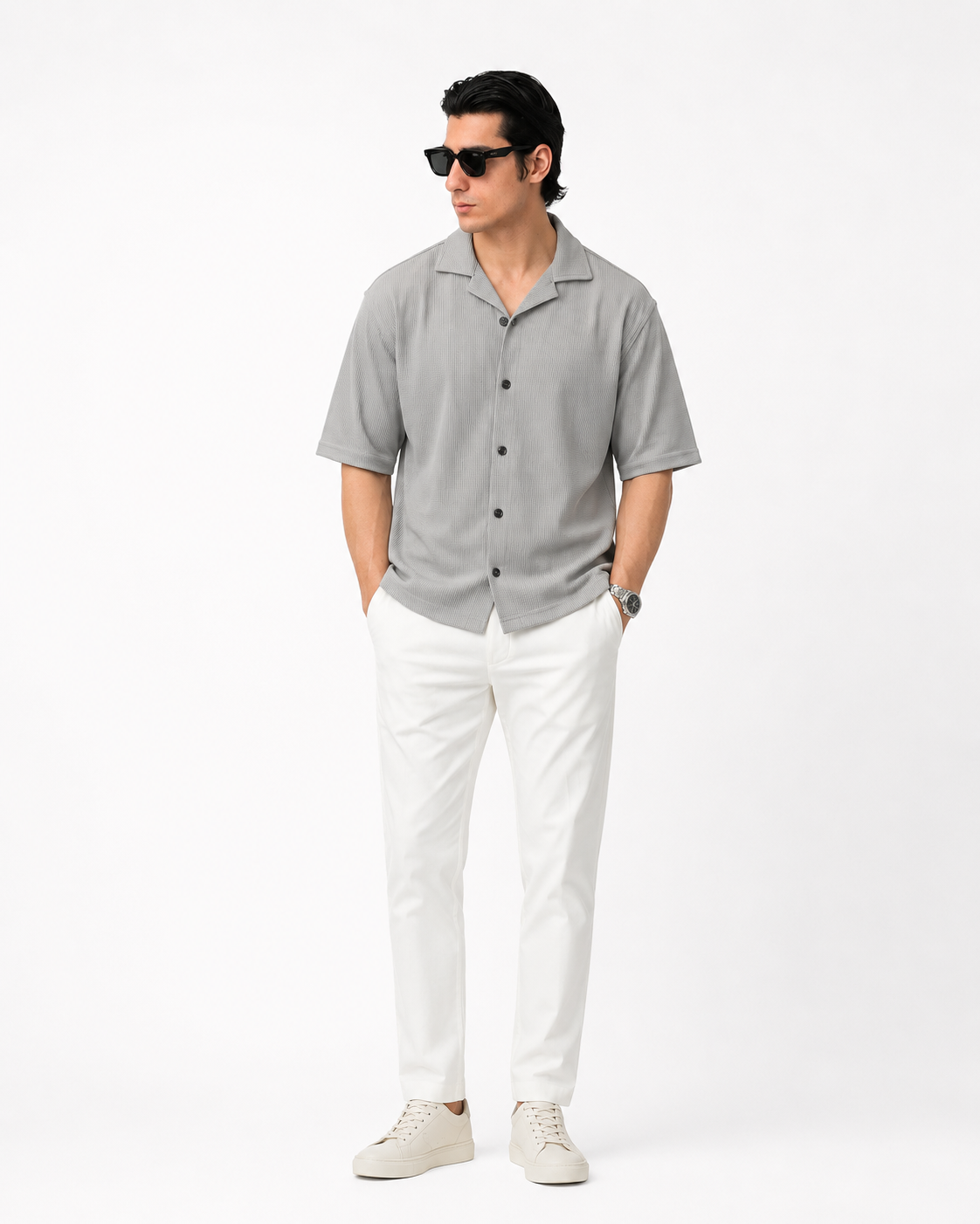 Waffle Knitted Button Down Shirt Drop Shoulder