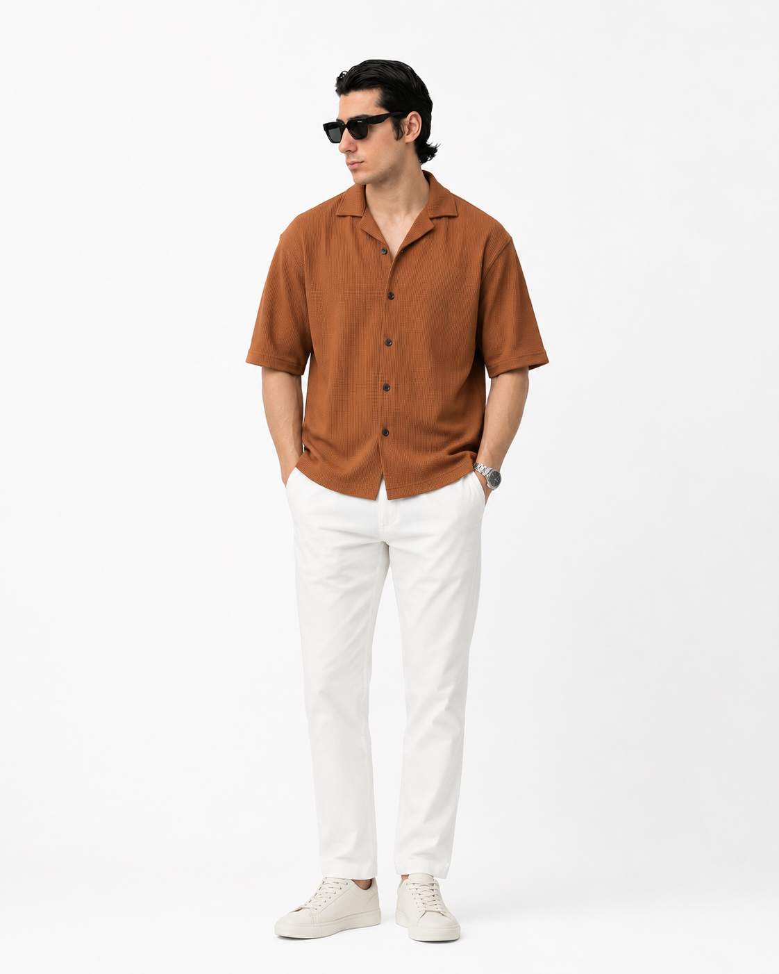 Waffle Knitted Button Down Shirt Drop Shoulder