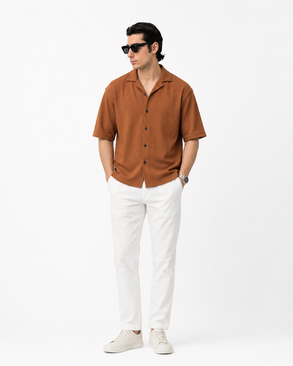 Waffle Knitted Button Down Shirt Drop Shoulder